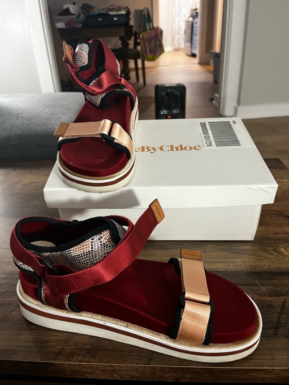 See By Chloe Red Velvet Sandals with Gold Straps